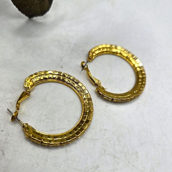 "5/$25" Gold Tone Pave Rhinestone Bling Hoop Earrings - Picture 3 of 7